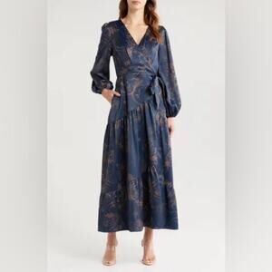 Ciebon Lilian Long Sleeve Satin Wrap Maxi Dress M